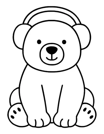 Smiling polar bear sitting with feet out showing paw pads, wearing earmuffs on a headband.
