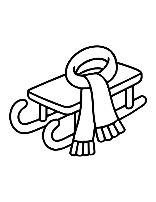 Wooden sled with a fringed scarf looped into a ring and hanging down over the front.