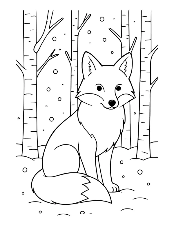 Slim fox with pointed ears and a black nose sitting upright in the snow, with birch trunks and snowfall around.