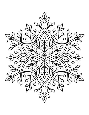 Six-pointed snowflake mandala with a star at its center, leaf-like branches and small round dots.