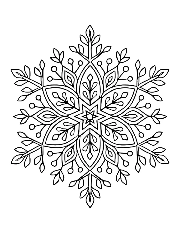 Six-pointed snowflake mandala with a star at its center, leaf-like branches and small round dots.
