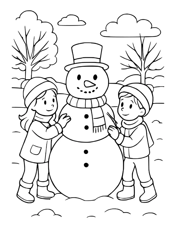 Two children patting a snowman with a top hat and scarf in a snowy park