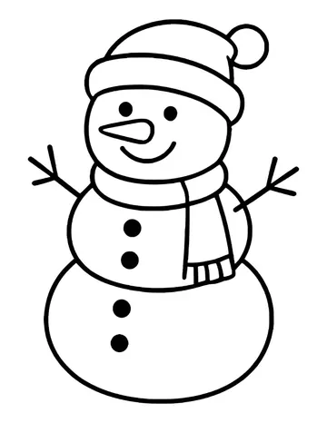 Snowman with a knitted hat, carrot nose and a scarf with fringe, black buttons down the front