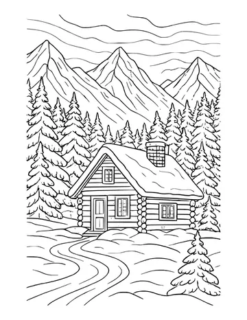 Log cabin with a snowy roof and stone chimney among pine trees, a path in front and peaks against a wavy sky.